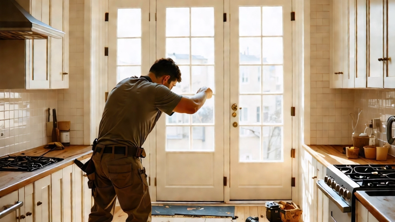 A handyman remodeling the kitchen cabinets in port coquitlam